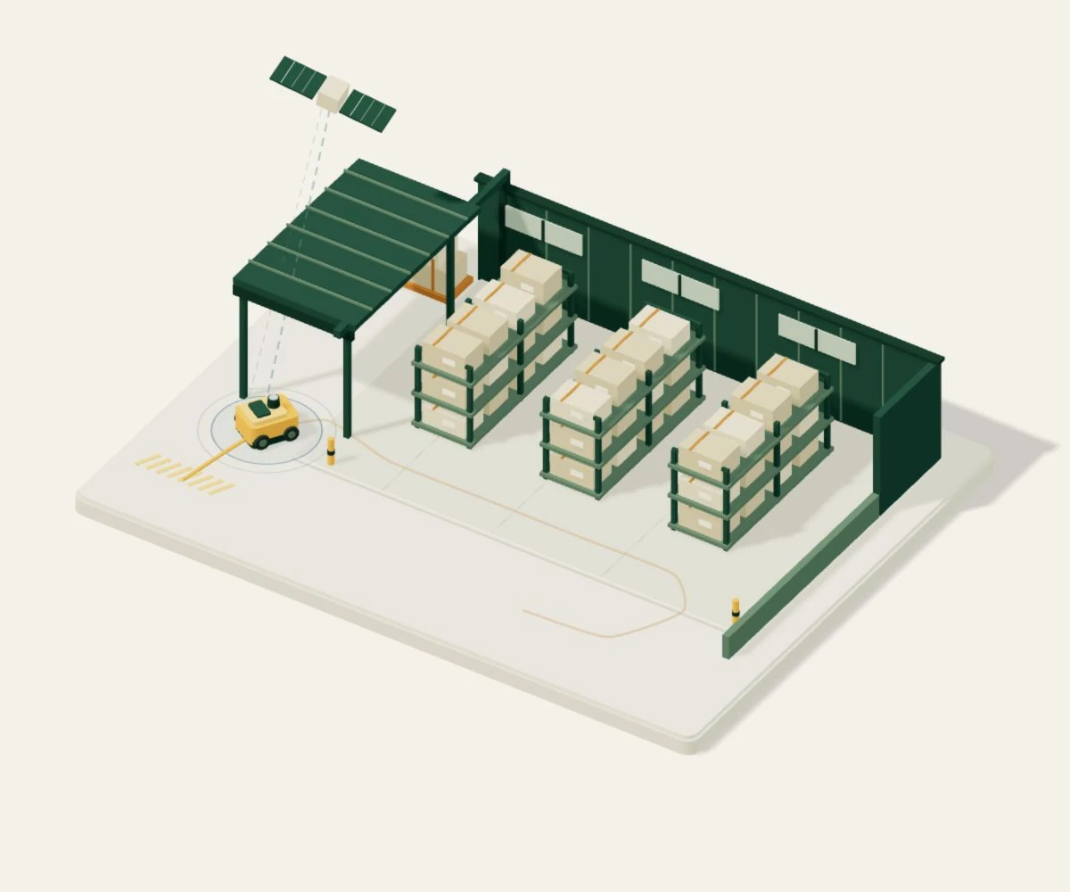 One amber robot travels from an open yard beneath a warehouse canopy. Satellite signal lines fade under the roof, while a blue uncertainty ring expands around its position.