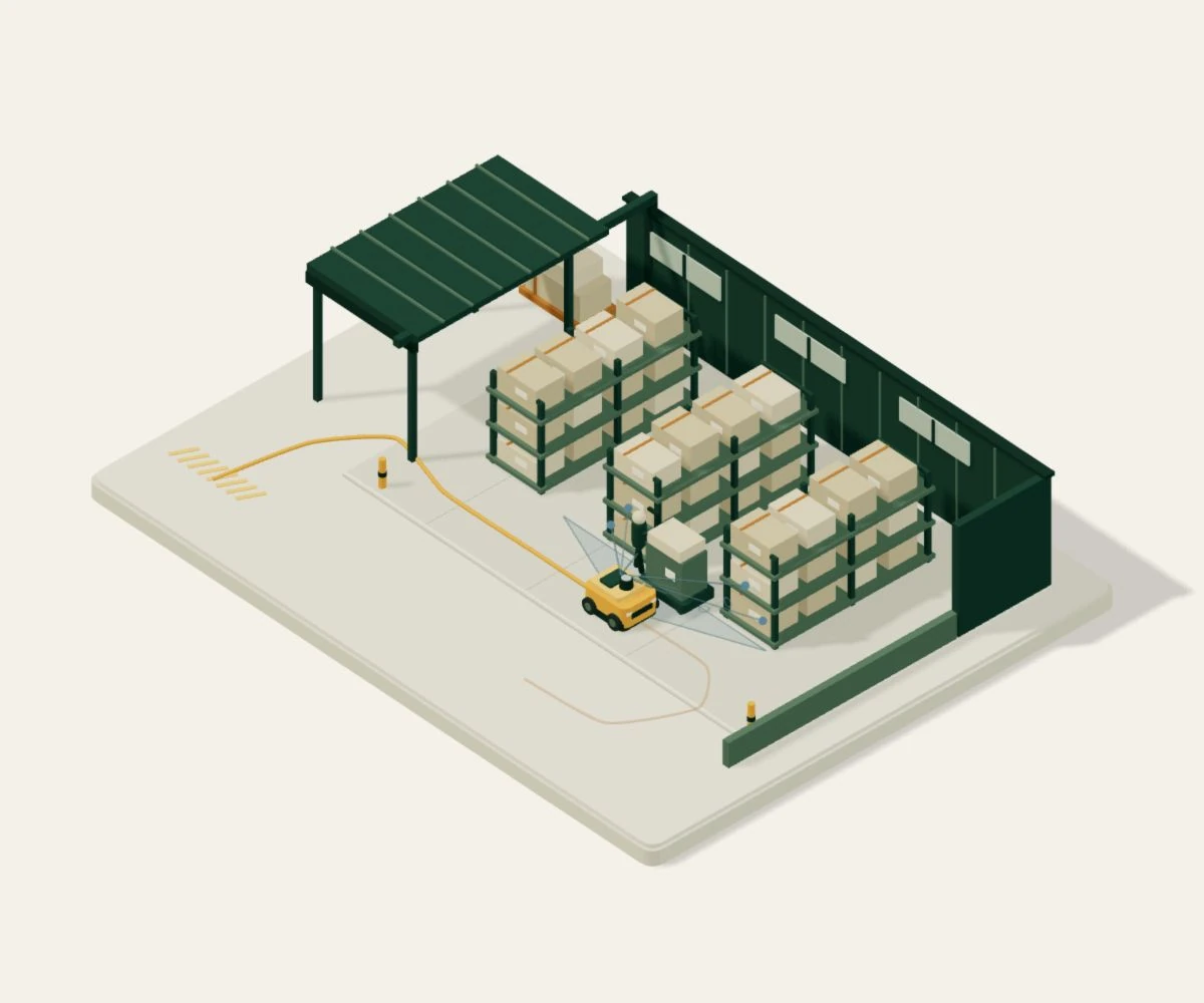 A moving load crosses the amber robot’s scanning field in a dimmer warehouse. Some visual feature points disappear behind the obstacle, but the actual amber route remains visible.